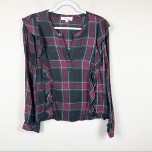Two by Vince Camuto Plaid Long Sleeve Top With Ruffle Detail